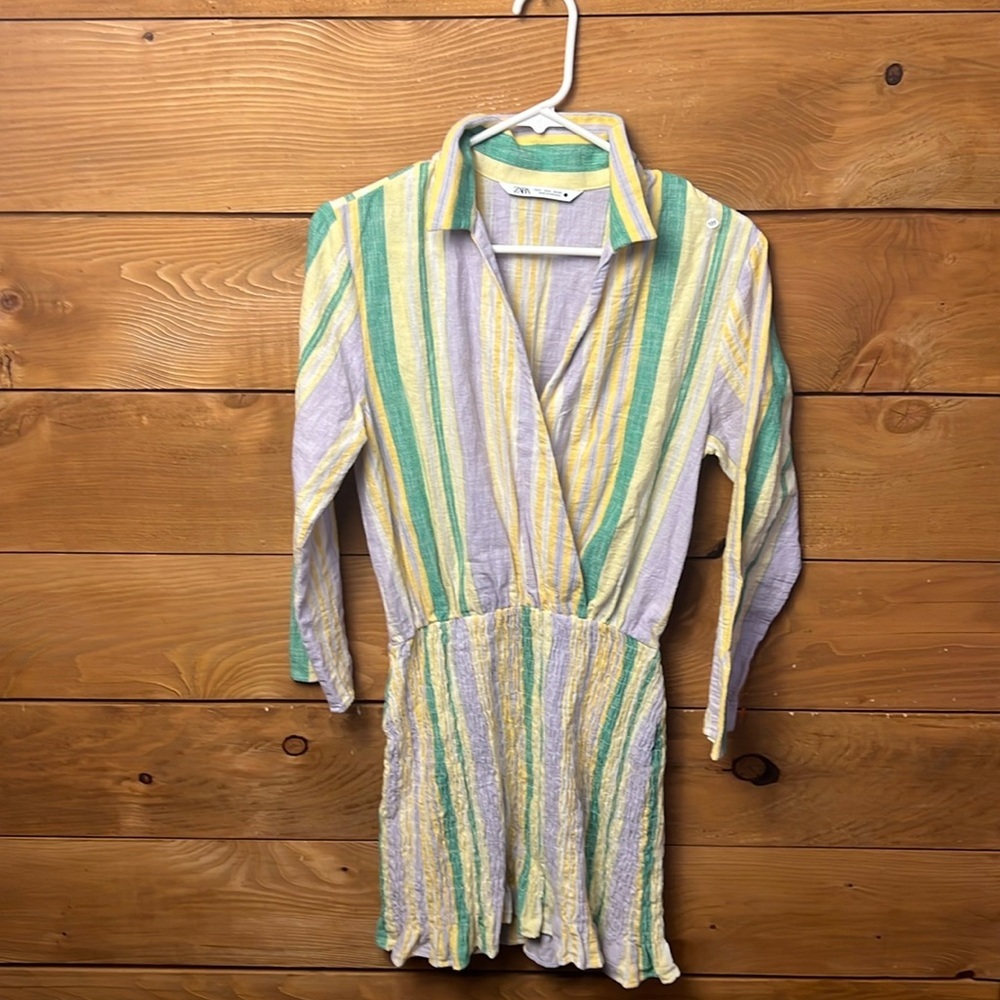 Zara Women S Green Yellow Lavender Striped Smocked Mini Dress LS Boho